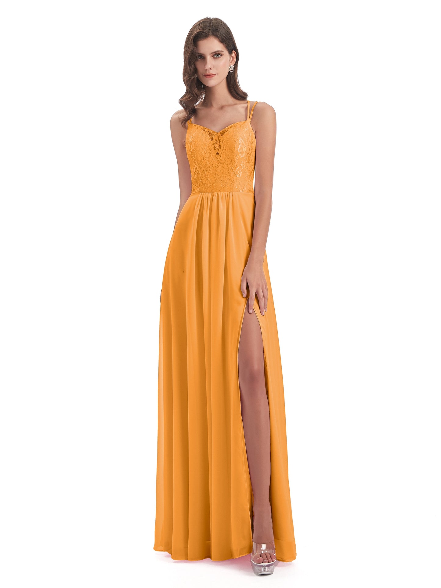 Saanvi Spaghetti Straps Open Back Lace Long Bridesmaid Dresses