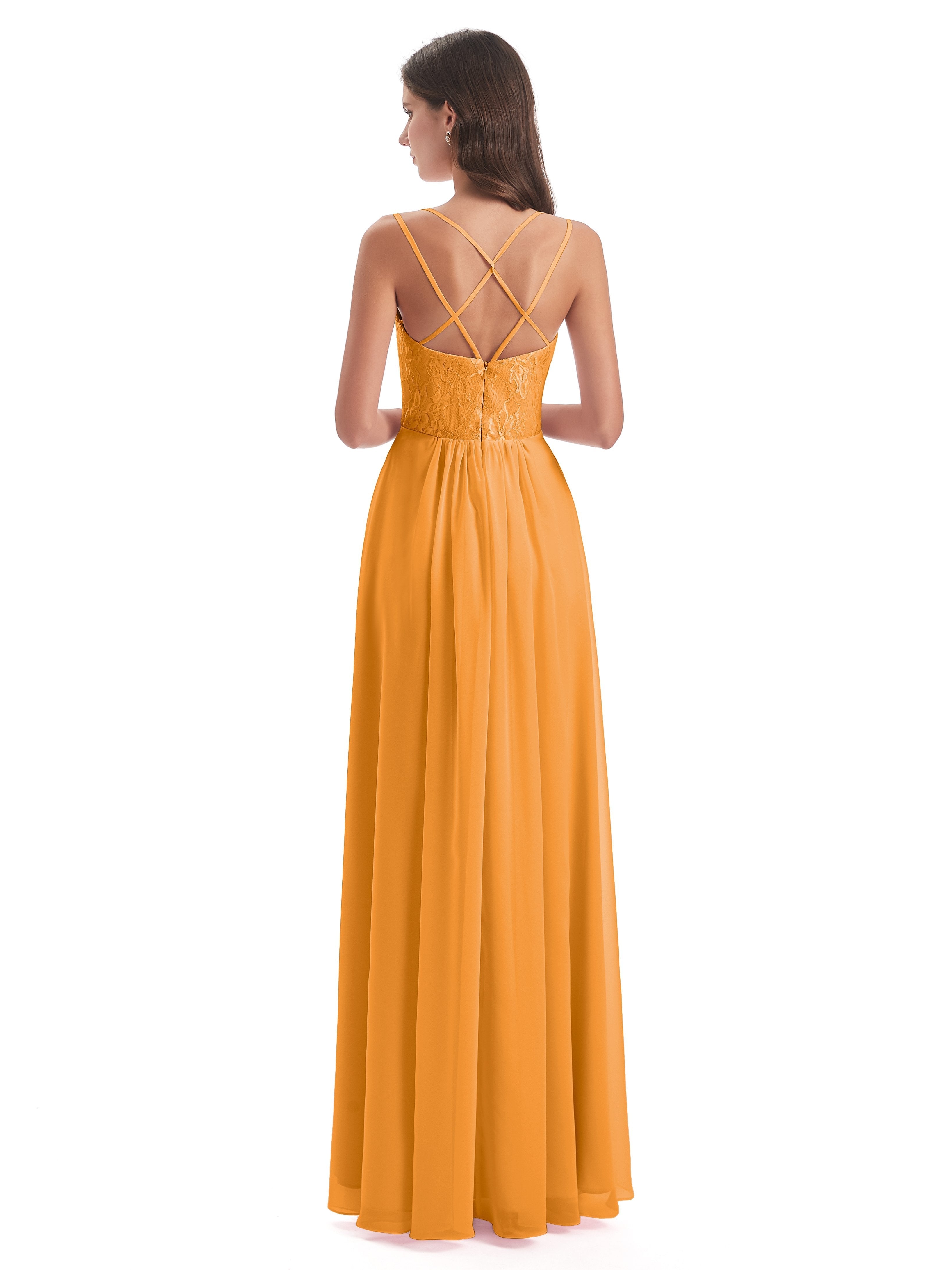 Saanvi Spaghetti Straps Open Back Lace Long Bridesmaid Dresses