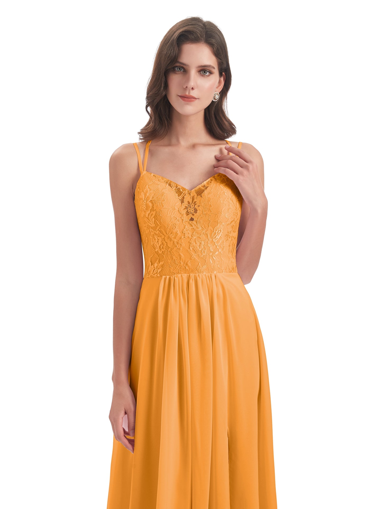 Saanvi Spaghetti Straps Open Back Lace Long Bridesmaid Dresses