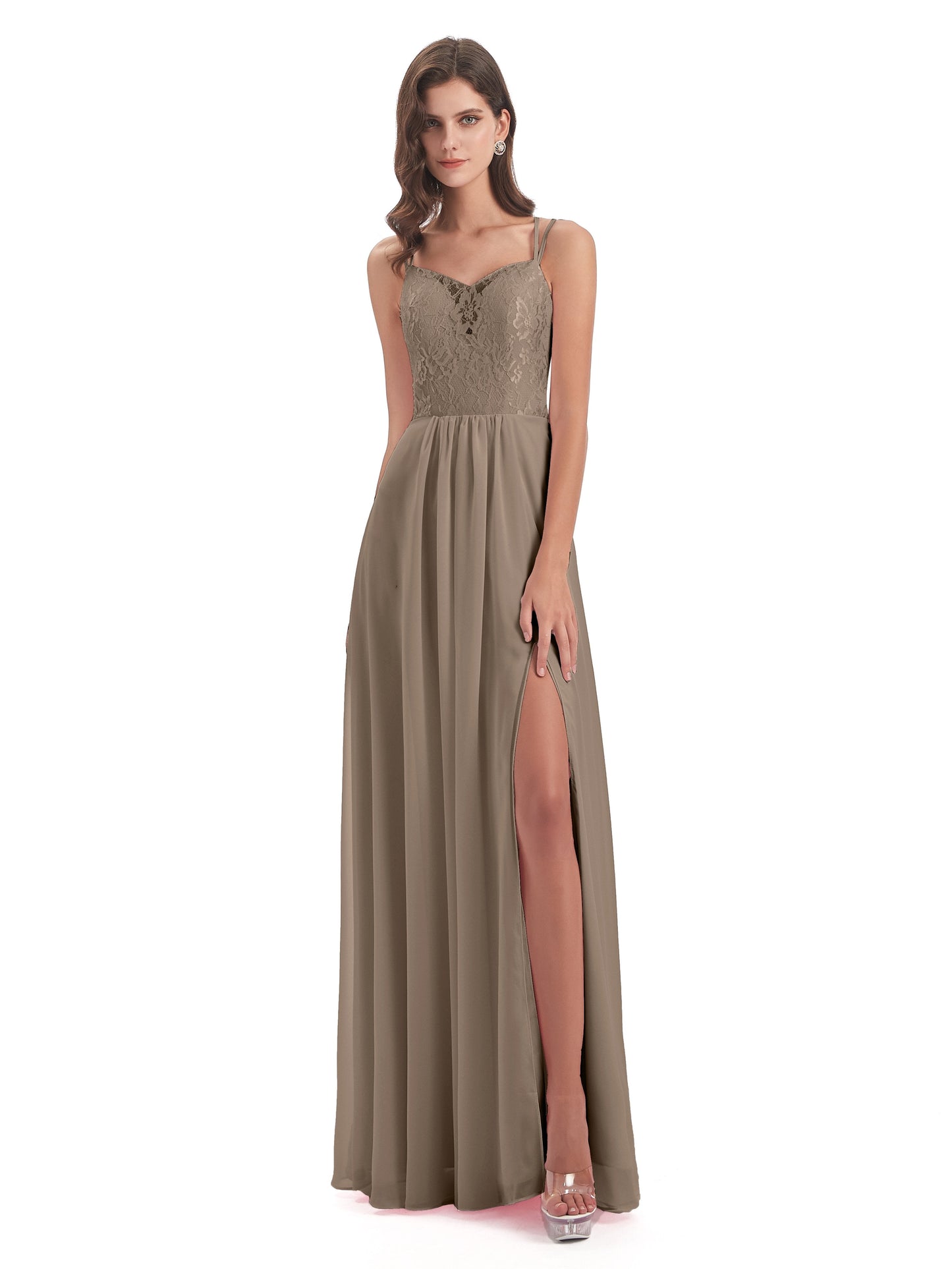 Saanvi Spaghetti Straps Open Back Lace Long Bridesmaid Dresses
