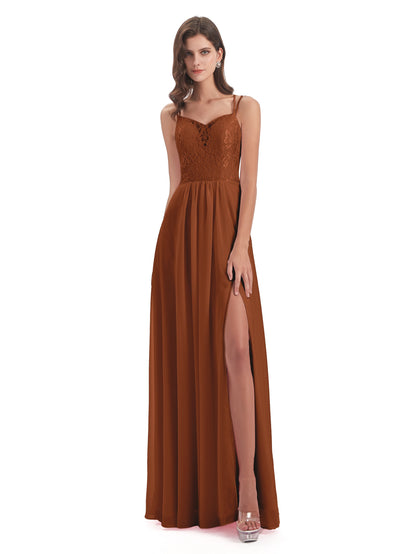 Saanvi Spaghetti Straps Open Back Lace Long Bridesmaid Dresses