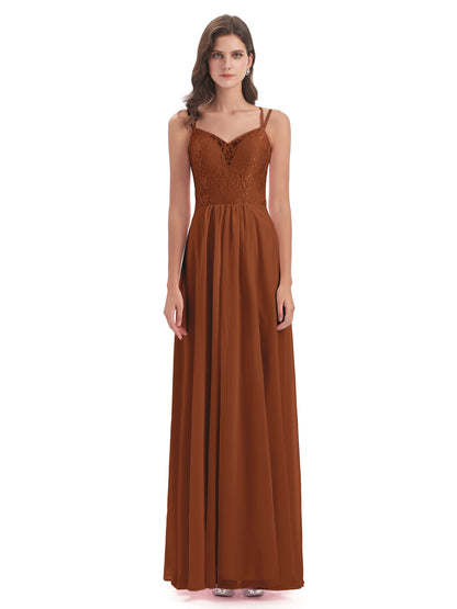 Saanvi Spaghetti Straps Open Back Lace Long Bridesmaid Dresses