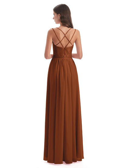 Saanvi Spaghetti Straps Open Back Lace Long Bridesmaid Dresses