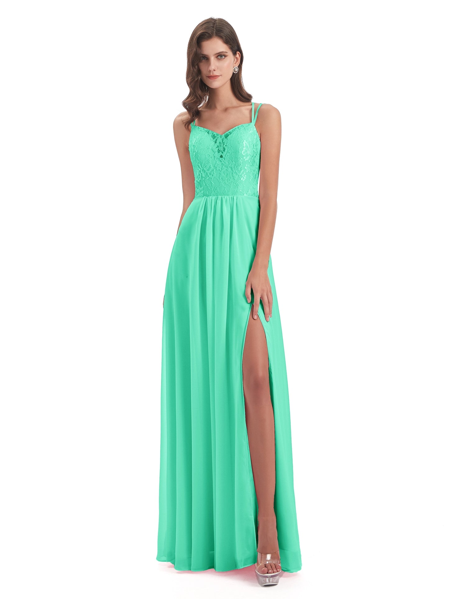Saanvi Spaghetti Straps Open Back Lace Long Bridesmaid Dresses