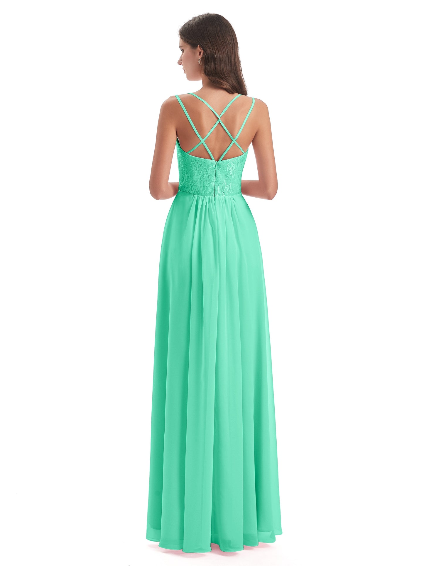 Saanvi Spaghetti Straps Open Back Lace Long Bridesmaid Dresses
