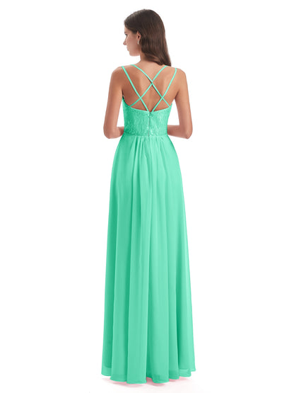 Saanvi Spaghetti Straps Open Back Lace Long Bridesmaid Dresses