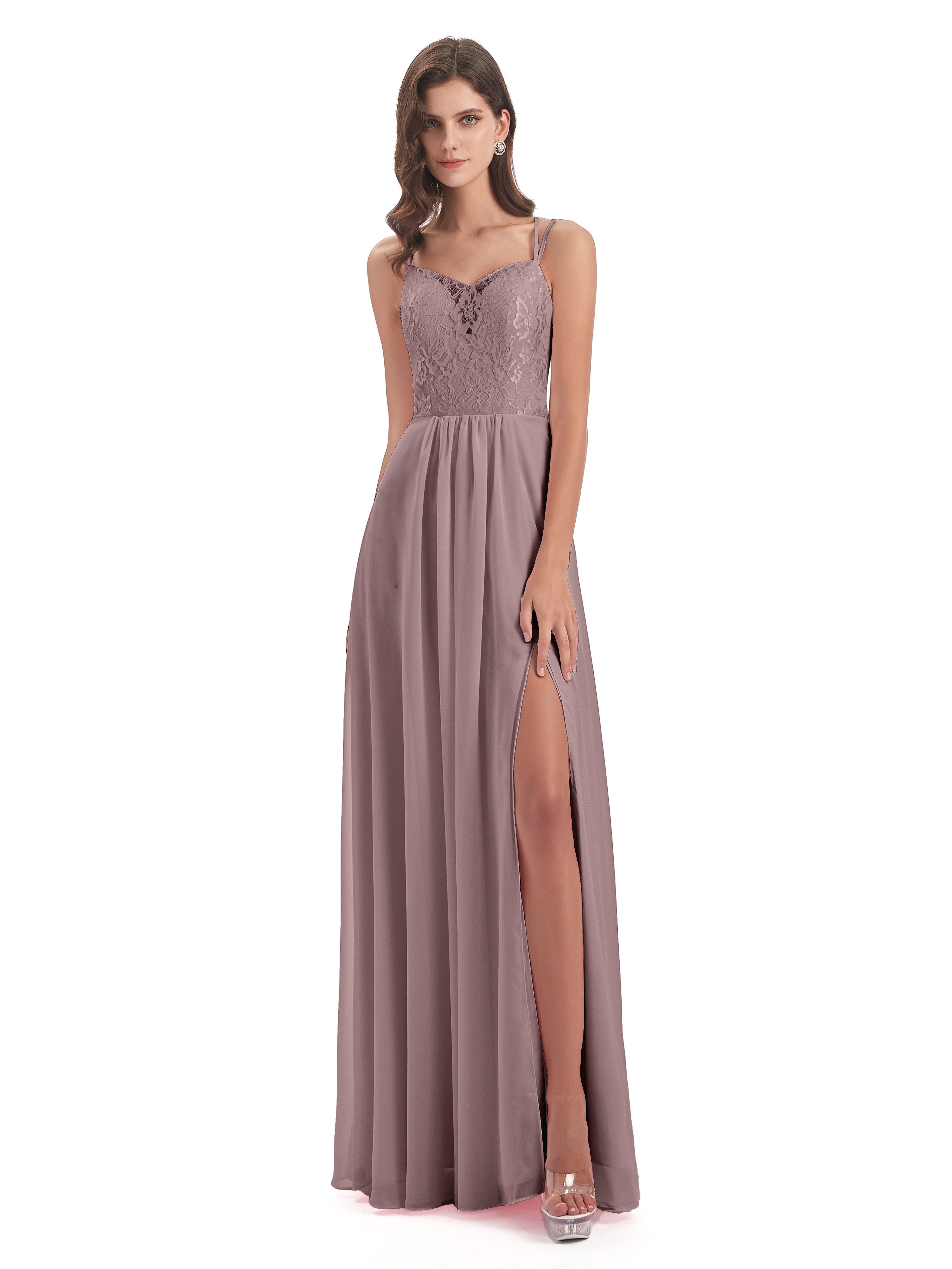 Saanvi Spaghetti Straps Open Back Lace Long Bridesmaid Dresses