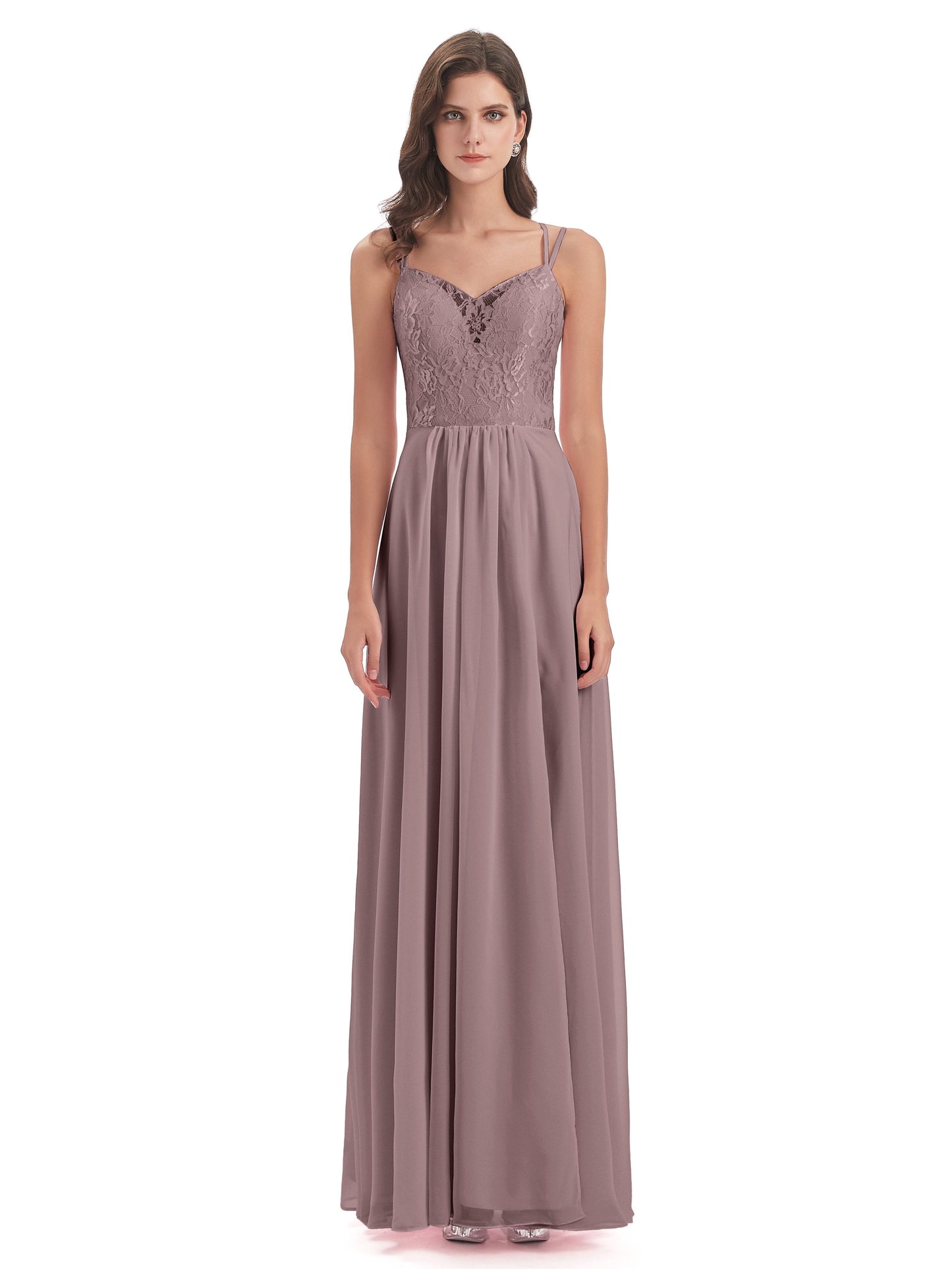 Saanvi Spaghetti Straps Open Back Lace Long Bridesmaid Dresses
