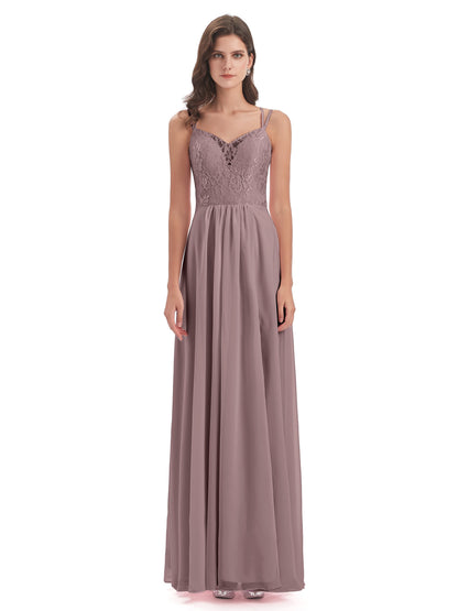 Saanvi Spaghetti Straps Open Back Lace Long Bridesmaid Dresses