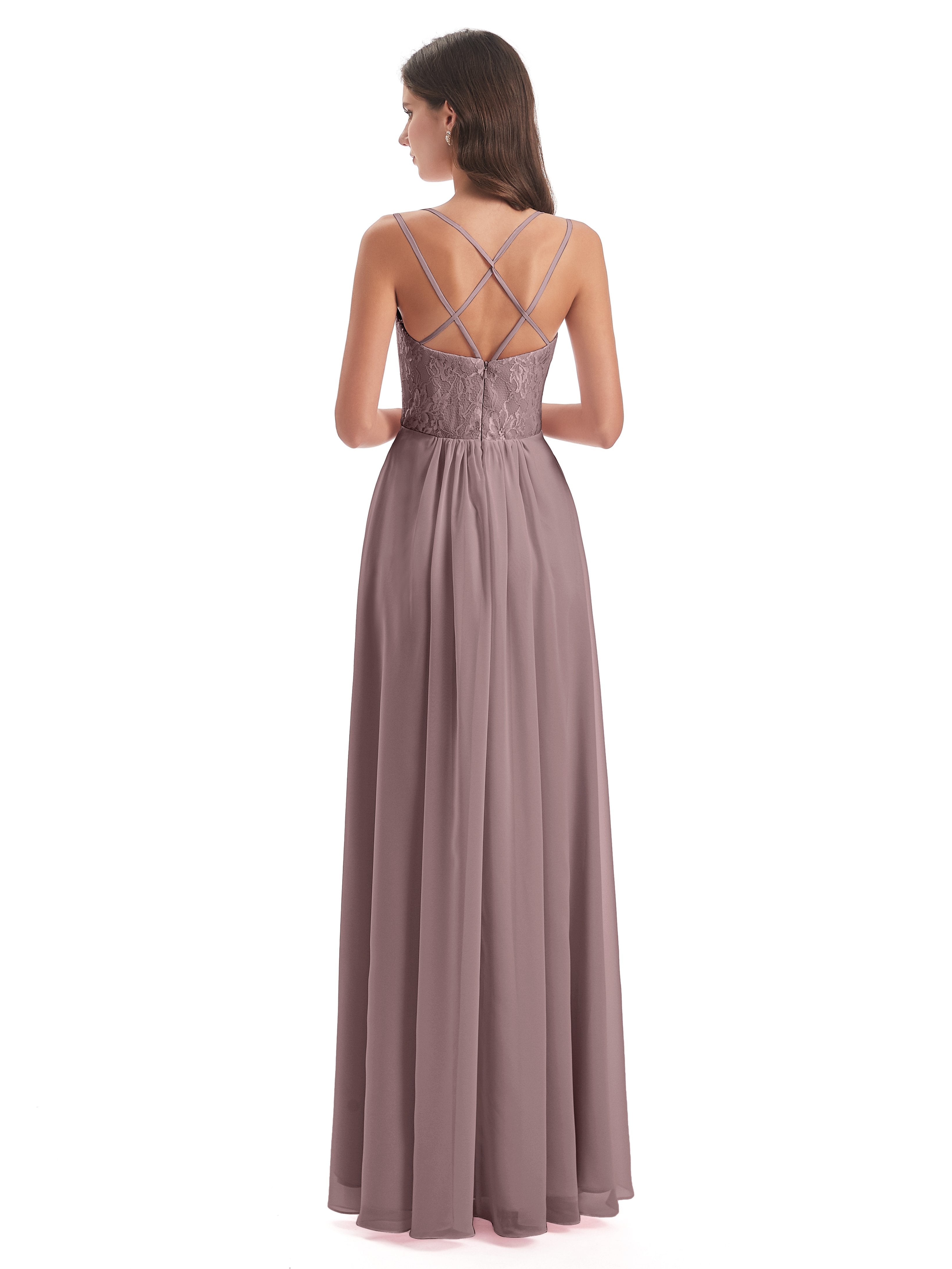 Saanvi Spaghetti Straps Open Back Lace Long Bridesmaid Dresses