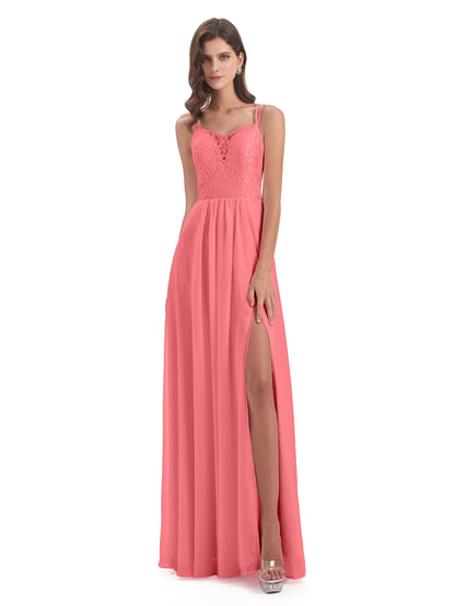 Saanvi Spaghetti Straps Open Back Lace Long Bridesmaid Dresses