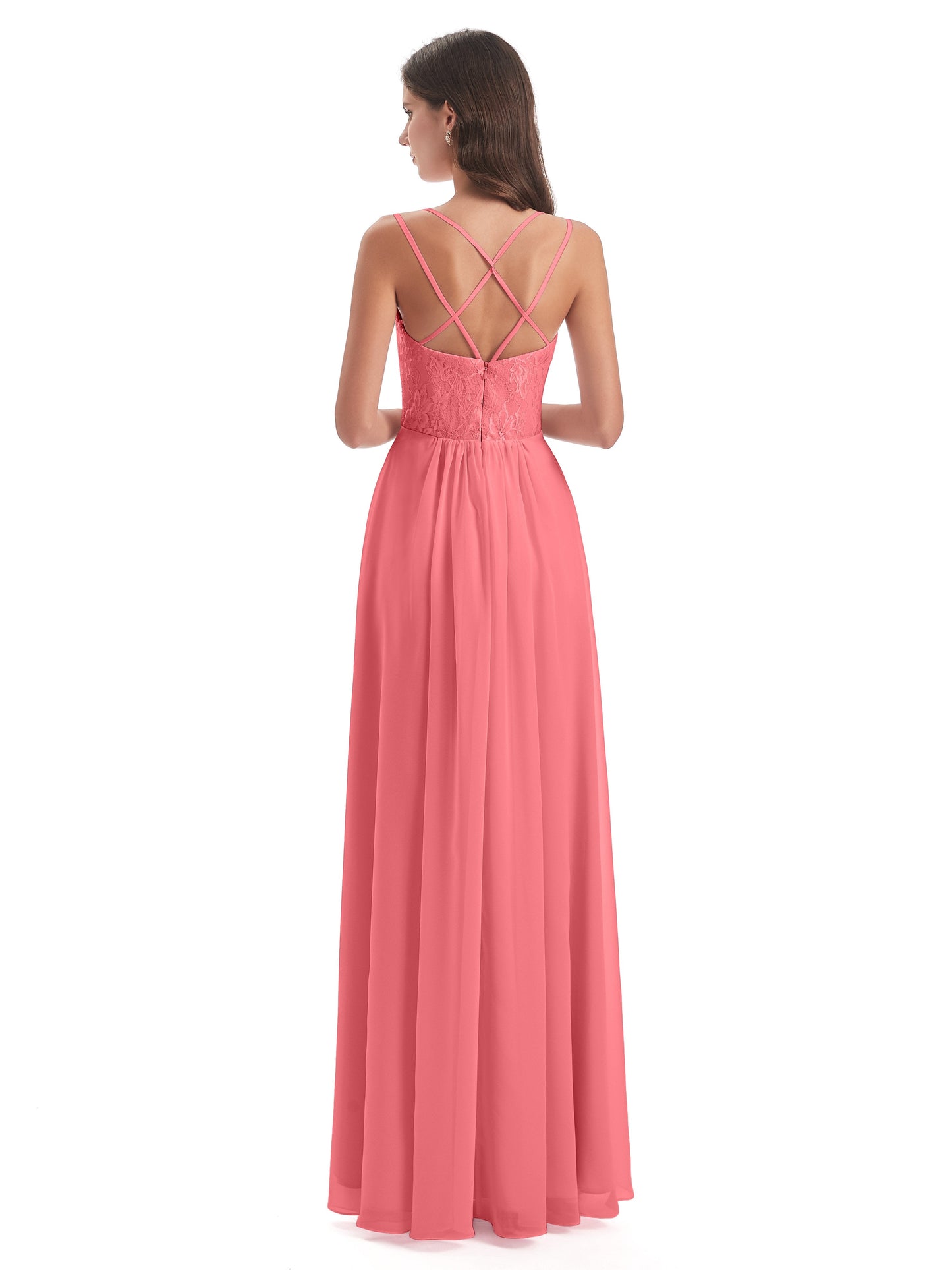 Saanvi Spaghetti Straps Open Back Lace Long Bridesmaid Dresses