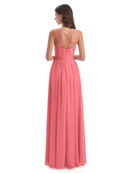Saanvi Spaghetti Straps Open Back Lace Long Bridesmaid Dresses