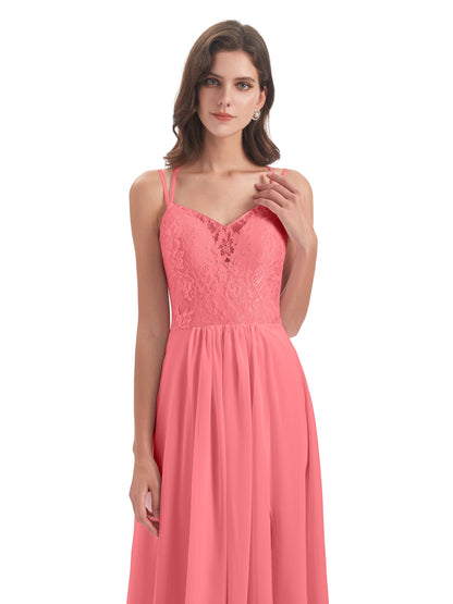 Saanvi Spaghetti Straps Open Back Lace Long Bridesmaid Dresses