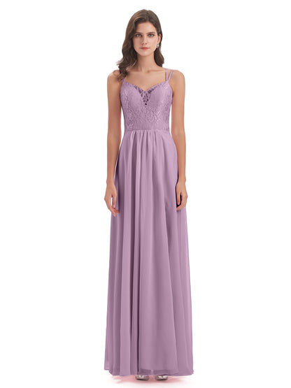 Saanvi Spaghetti Straps Open Back Lace Long Bridesmaid Dresses