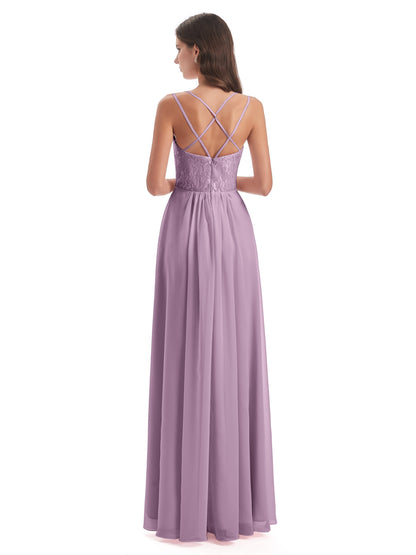 Saanvi Spaghetti Straps Open Back Lace Long Bridesmaid Dresses