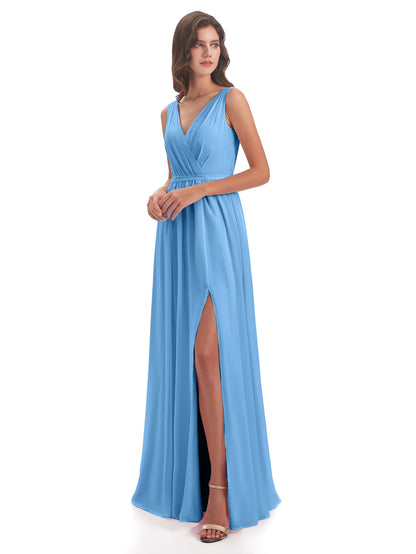 Sophia Sheath Floor Length V Neck Chiffon Bridesmaid Dresses