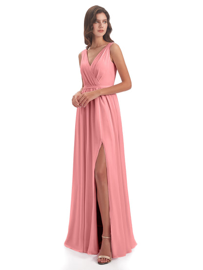 Sophia Sheath Floor Length V Neck Chiffon Bridesmaid Dresses