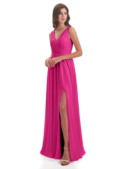 Sophia Sheath Floor Length V Neck Chiffon Bridesmaid Dresses