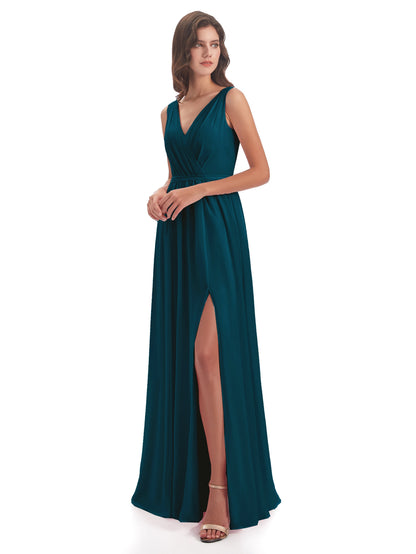 Sophia Sheath Floor Length V Neck Chiffon Bridesmaid Dresses