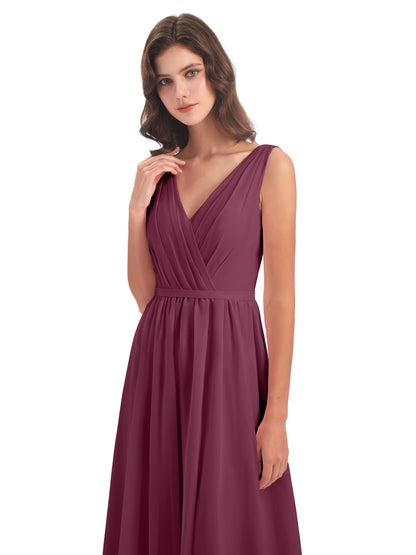 Sophia Sheath Floor Length V Neck Chiffon Bridesmaid Dresses