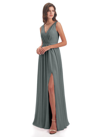 Sophia Sheath Floor Length V Neck Chiffon Bridesmaid Dresses