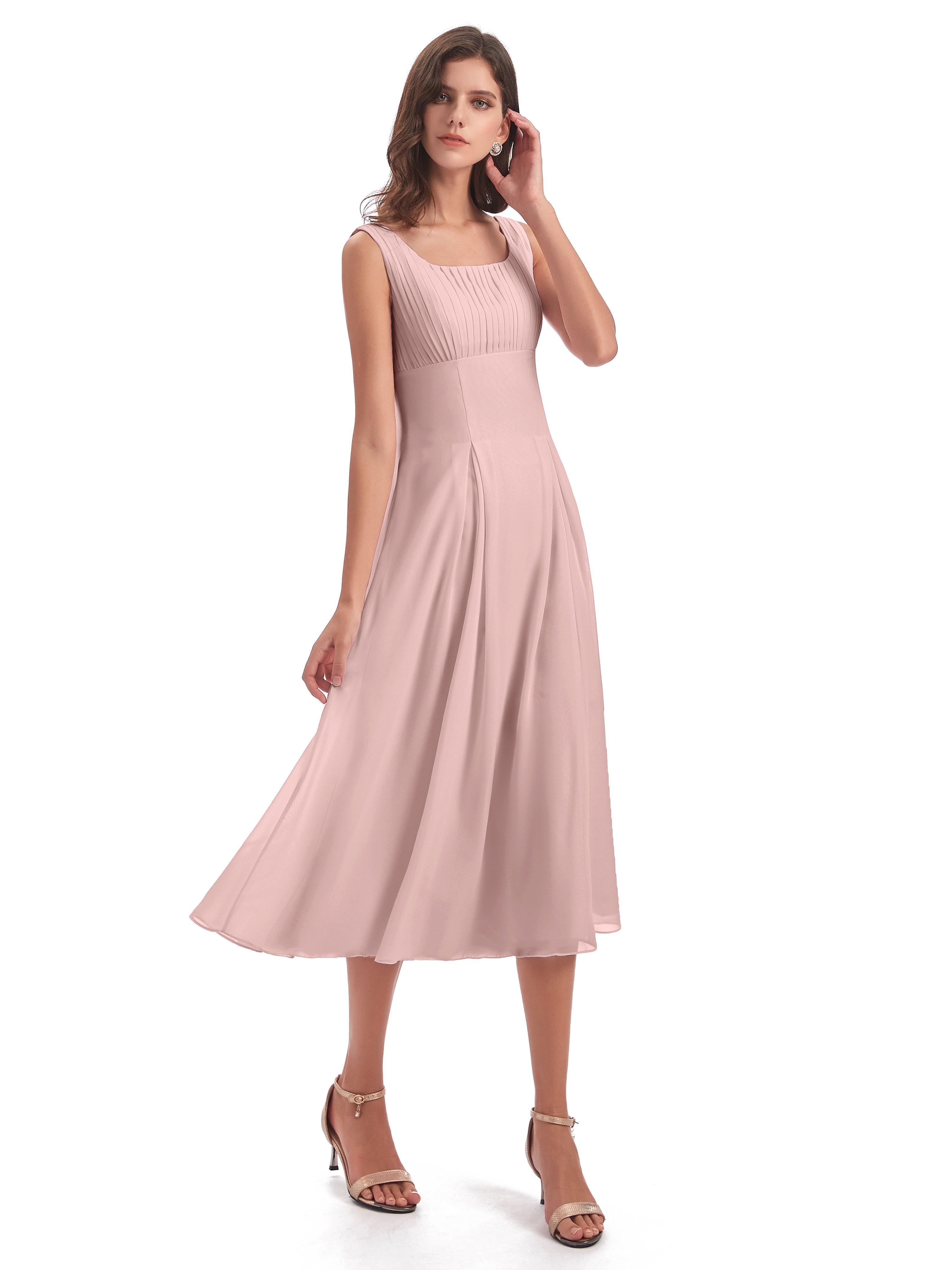 Spencer Tea Length Square Chiffon Bridesmaid Dresses