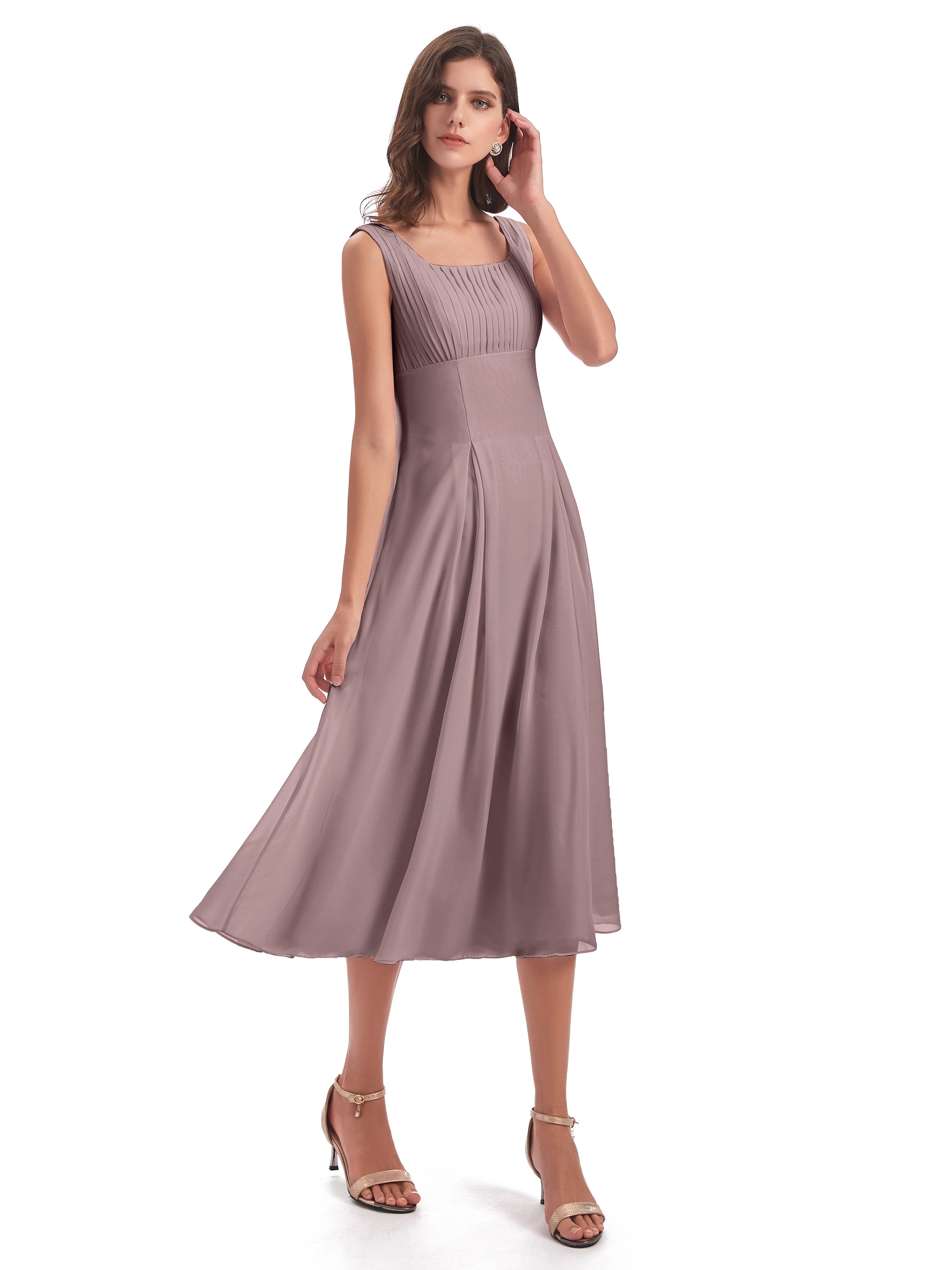 Spencer Tea Length Square Chiffon Bridesmaid Dresses