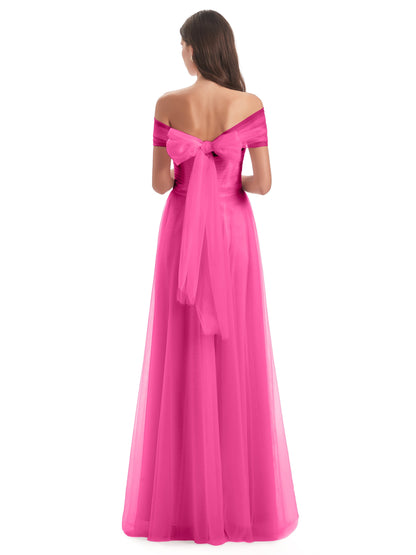 Sylvie Off The Shoulder Open Back Tulle Long Bridesmaid Dresses
