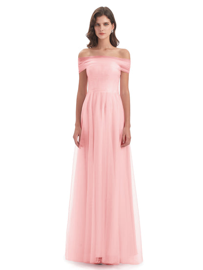 Sylvie Off The Shoulder Open Back Tulle Long Bridesmaid Dresses