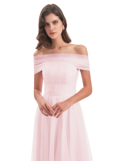 Sylvie Off The Shoulder Open Back Tulle Long Bridesmaid Dresses