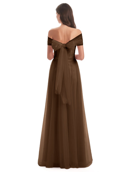 Sylvie Off The Shoulder Open Back Tulle Long Bridesmaid Dresses