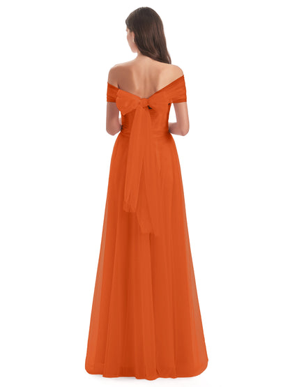 Sylvie Off The Shoulder Open Back Tulle Long Bridesmaid Dresses