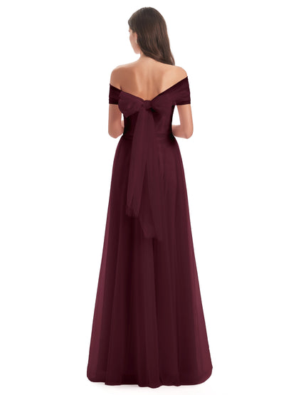 Sylvie Off The Shoulder Open Back Tulle Long Bridesmaid Dresses