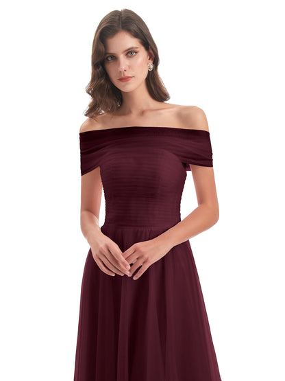 Sylvie Off The Shoulder Open Back Tulle Long Bridesmaid Dresses