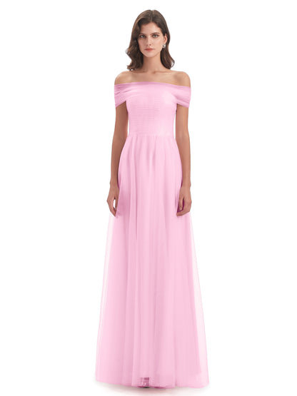 Sylvie Off The Shoulder Open Back Tulle Long Bridesmaid Dresses