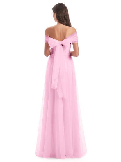 Sylvie Off The Shoulder Open Back Tulle Long Bridesmaid Dresses