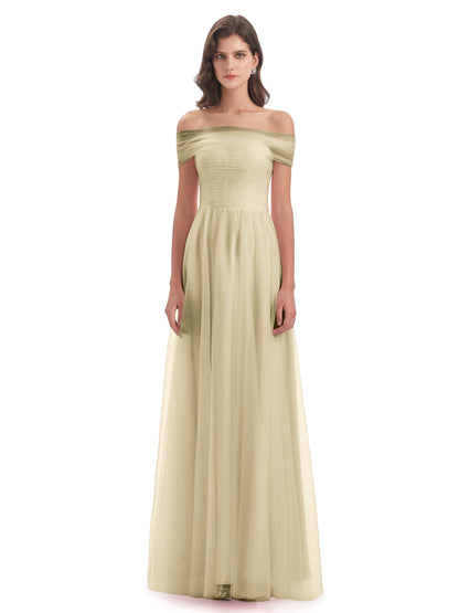 Sylvie Off The Shoulder Open Back Tulle Long Bridesmaid Dresses