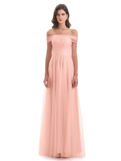 Sylvie Off The Shoulder Open Back Tulle Long Bridesmaid Dresses