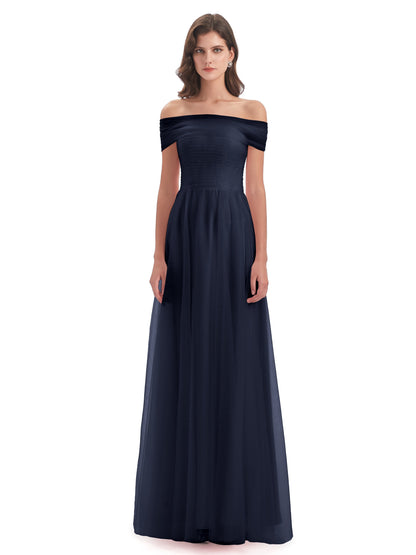 Sylvie Off The Shoulder Open Back Tulle Long Bridesmaid Dresses