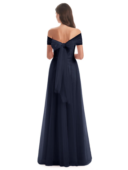Sylvie Off The Shoulder Open Back Tulle Long Bridesmaid Dresses