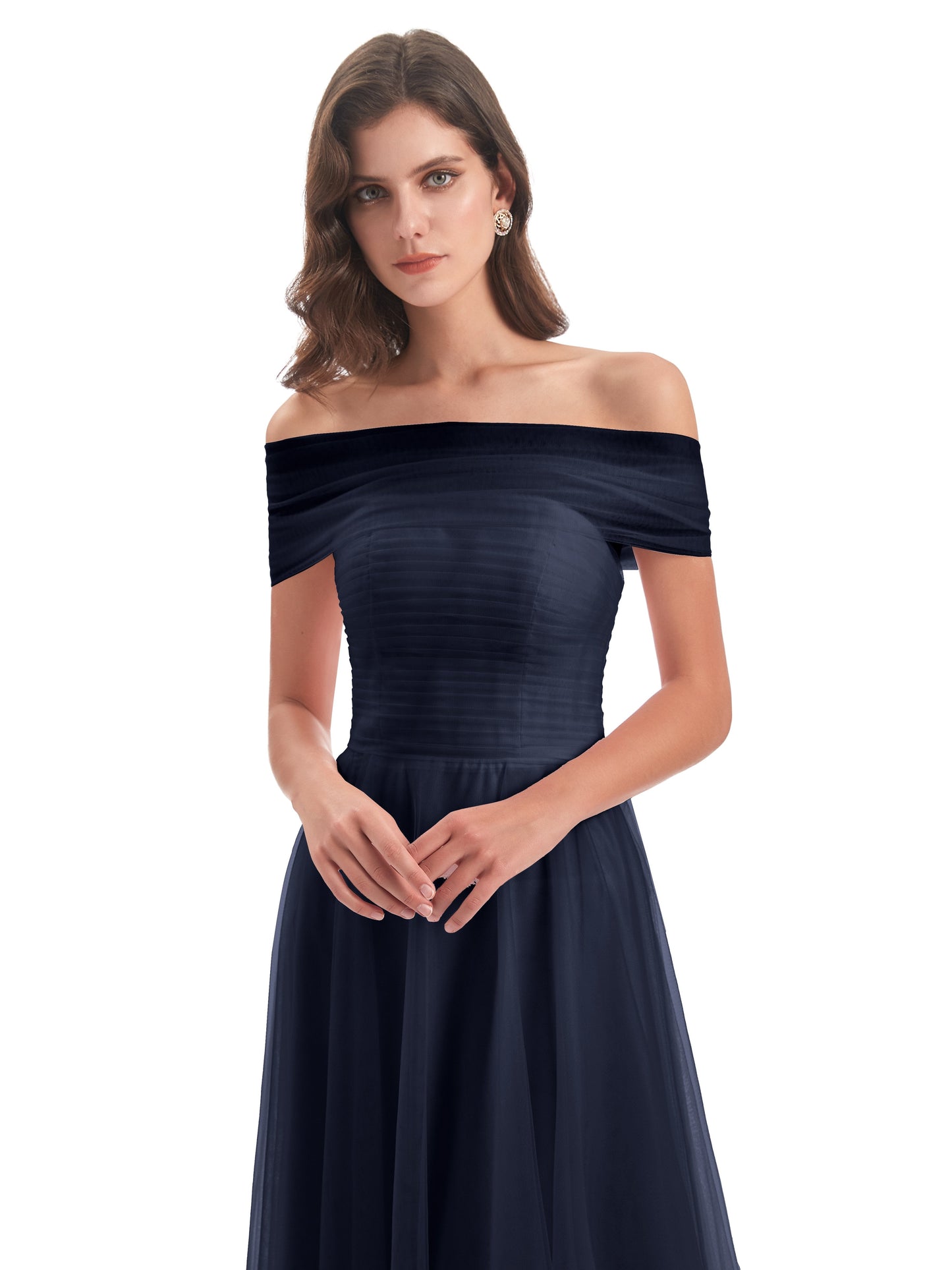 Sylvie Off The Shoulder Open Back Tulle Long Bridesmaid Dresses