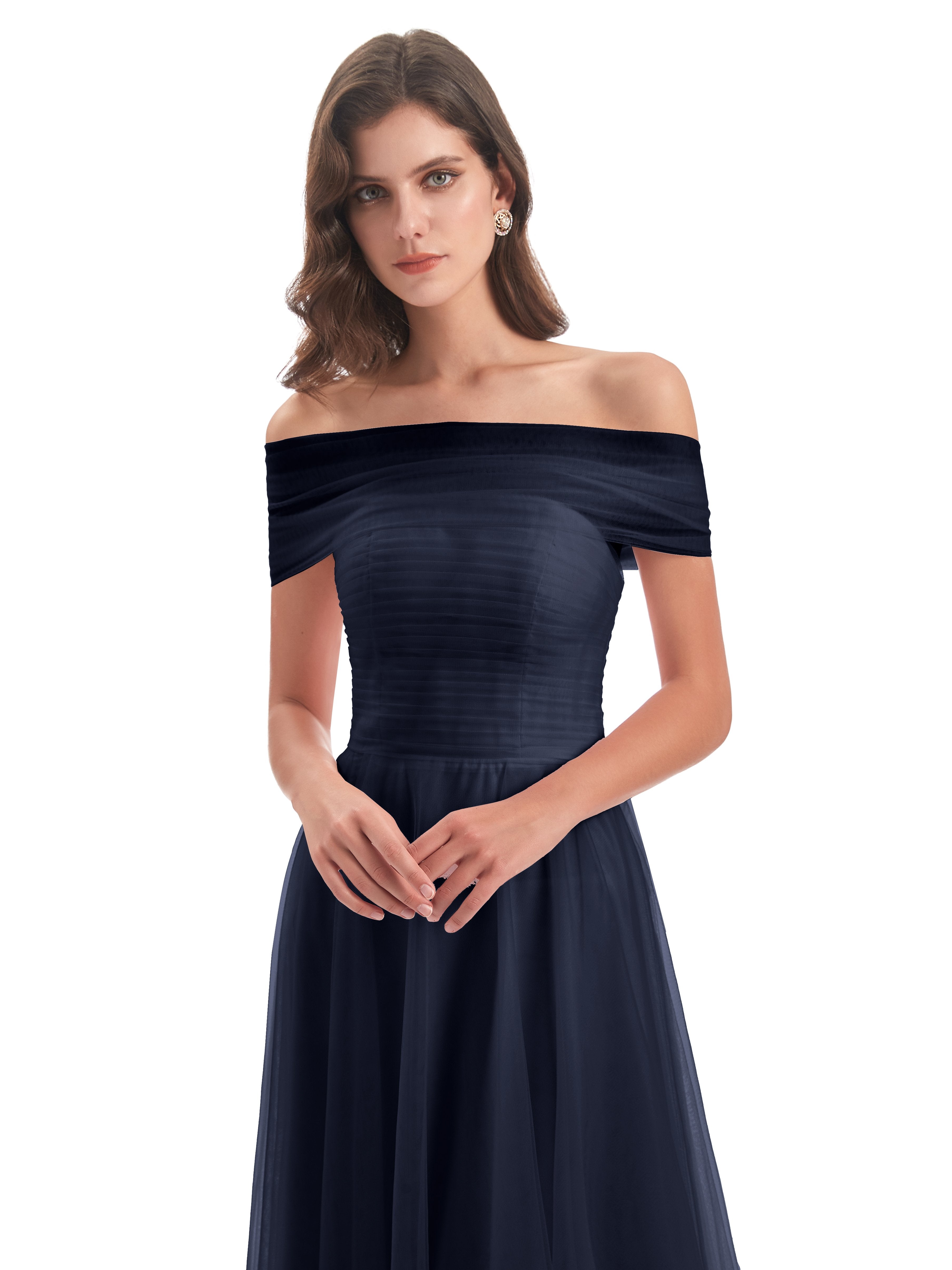 Sylvie Off The Shoulder Open Back Tulle Long Bridesmaid Dresses