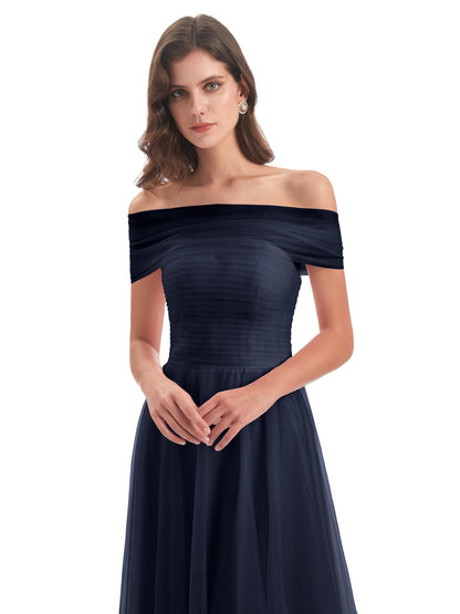 Sylvie Off The Shoulder Open Back Tulle Long Bridesmaid Dresses