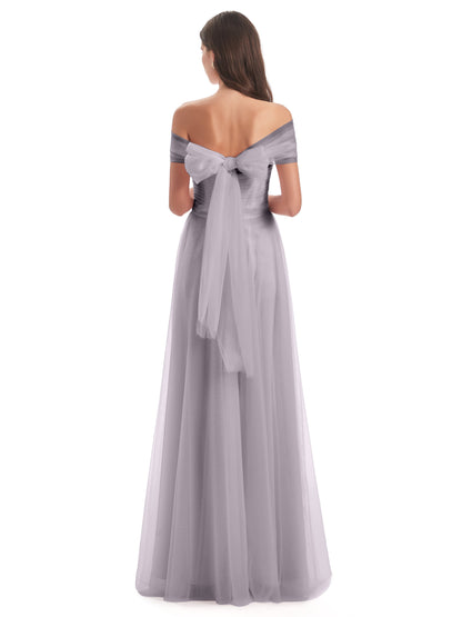 Sylvie Off The Shoulder Open Back Tulle Long Bridesmaid Dresses