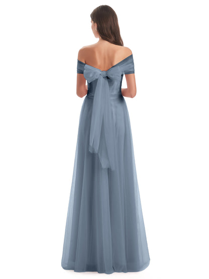 Sylvie Off The Shoulder Open Back Tulle Long Bridesmaid Dresses