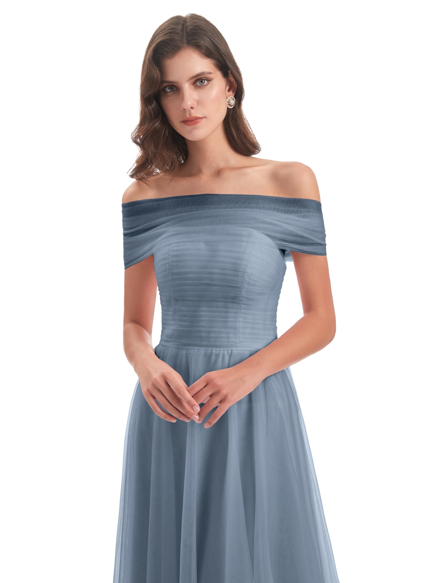 Sylvie Off The Shoulder Open Back Tulle Long Bridesmaid Dresses