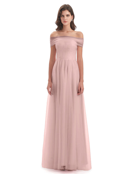 Sylvie Off The Shoulder Open Back Tulle Long Bridesmaid Dresses