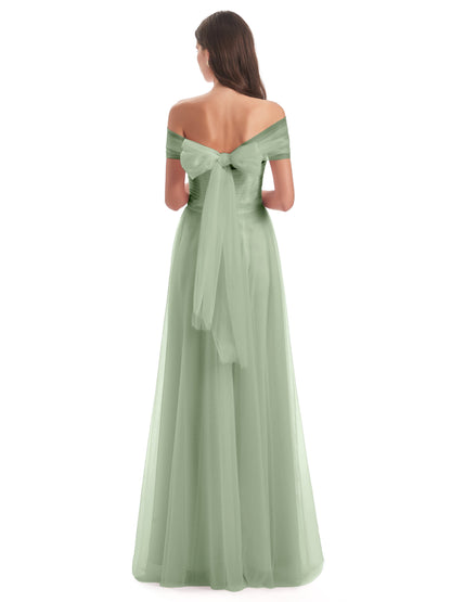 Sylvie Off The Shoulder Open Back Tulle Long Bridesmaid Dresses