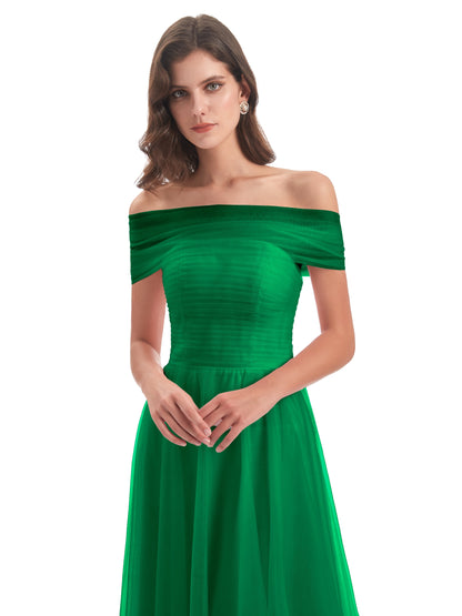 Sylvie Off The Shoulder Open Back Tulle Long Bridesmaid Dresses